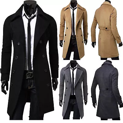 Men Winter Wool Trench Coat Double Breasted Long Jackets Warm Outwear Overcoat' • $59.09