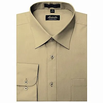 Mens Dress Shirt Plain Tan Modern Fit Wrinkle-Free Cotton Blend Amanti • $19.95