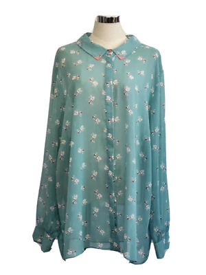 $25 • Buy Asos Curve Pale Green Semi Sheer Button Up Long Sleeve Shirt Pug Pattern Size 24