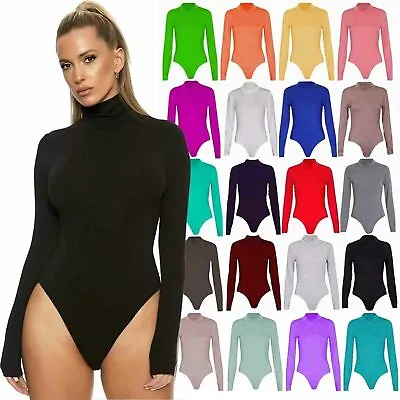 Womens Ladies Long Sleeve Plain High Turtle Polo Neck Bodysuit Leotard Top 8-14 • £7.69