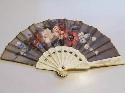 Vtg LADIES FOLDING HAND FAN Gray Fabric Flower Signed Ivanto Antique Celluloid ? • $29.99