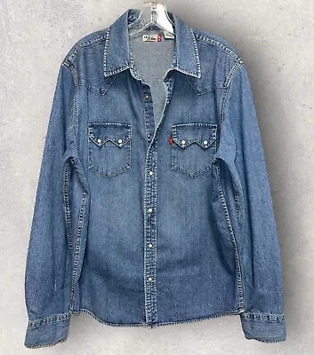 Vtg Levi’s Denim Shirt Mens Medium Pearl Snap Sawtooth Western Cowboy - Lg 24-31 • $29.96