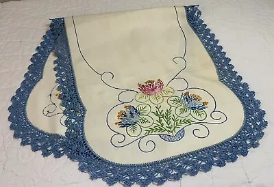Vintage Dresser Scarf Cotton Embroidered Flowers Blue Hand Crocheted Lace • $15.95
