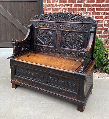 Antique English Bench Chair Settee Hall Bench Renaissance Revival Oak PETITE • $3900