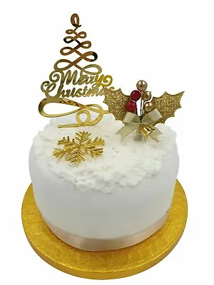 3 Piece SET GOLD HOLLY Merry Christmas Cake Decorations Log Cupcake Toppers  • £3.79