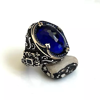 Mens Handmade Ring Turkish Handmade Sapphire Ring Men Ring 925 Silver 5-16 • £53.08