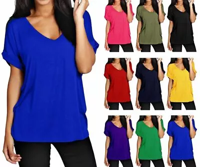 Women Ladies Batwing Sleeve Oversized Baggy Loose Fit Turn Up V Neck T Shirt Top • £9.49