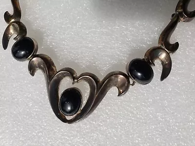 Vintage Mexico Heavy Sterling Silver Black Onyx Chain Necklace Ornate  • $115