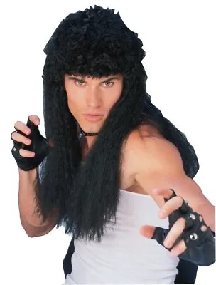Black Curly Hair Wig Rocker Heavy Metal 1980's Kiss Hair Band Costume • $9.99