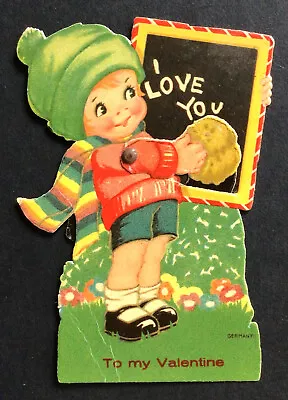 Vintage Germany Mechanical Die Cut Valentine Little Boy Erasing Blackboard #d2 • $5.95