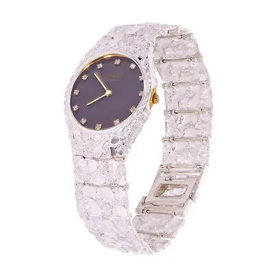 Sterling Silver Nugget Wrist Watch Geneve Diamond Watch 7-7.5  Straight Band 58g • $449.99