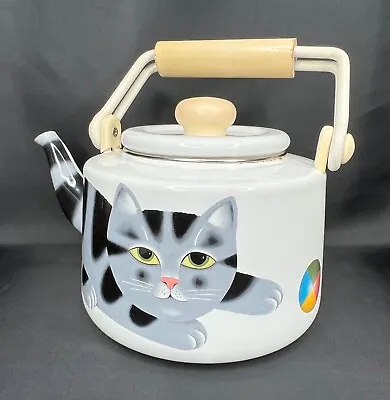 Vintage Martin Leman White Enamel Teapot Tea Kettle Cat & Ball • $19