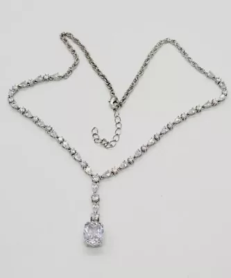 Crystal Y Drop Necklace Rhinestone Collar Statement Silver Tone 20 In • $22.49