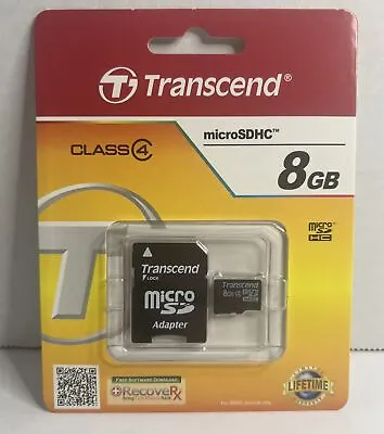 Transcend 8GB Class 4 MicroSDHC Memory Card & SD Adapter  Brand New Sealed • $8.99