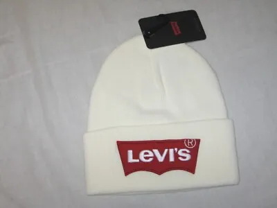 BNWT  LEVIS Batwing Knitted Cuff Beanie Hat  White  Made In Italy • £15.29