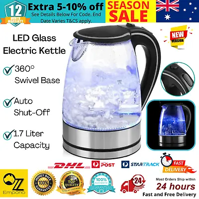 $74.60 • Buy Electric Glass Kettle Blue LED Light Kitchen Water Jug Stainless Steel 1.7L Hot