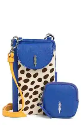 THACKER Pebbled Leather Rawhide Crossbody Wallet Phone Bag Blue Yellow NWT $175 • $122