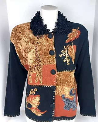 Vtg Victoria Harbour Women Embroidered Giraffe Elephants Collared Sweater Large • $35