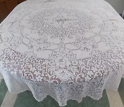 GENUINE QUAKER LACE 62  ROUND TABLECLOTH W LABEL LOOPS #1006 WHITE JUBILEE • $24.99