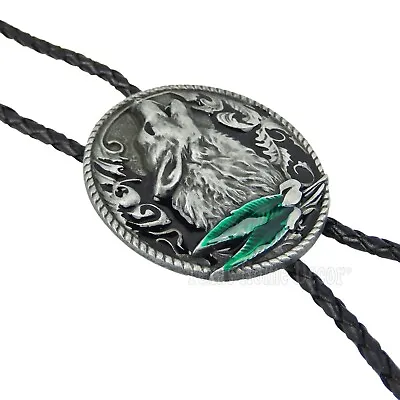 Howling Wolf Bolo Tie Silver Tone 42  Leather Cord Color Enamel Detailed Tips • $29.95