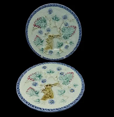 Pottery Barn Plates Majolica Bunny Rabbit Dessert 8” Set Of 2 Floral Embossed • $75