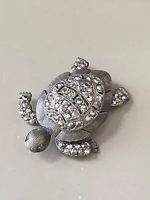 Vintage Signed WEISS Turtle Brooch Marcasite Stones Gun Metal Setting Cute! • $9
