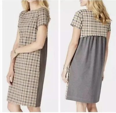 J Jill Wear To Work Ponte Knit Dress SMALL Gray Camel Plaid Pullover Shift • $16.96