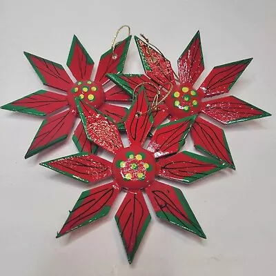 Handpainted Folk Art Style Poinsettia Ornaments Wood Set Of 3 3.5  Mexico Crafts • $16.95