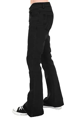 Mens Run & Fly 70s Retro Black Stretch Denim Rock N Roll Bell Bottom Flares • $43.15