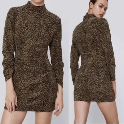 NEW Zara Leopard Animal Cheetah Print Corduroy Mock Neck Mini Dress  • $46.75