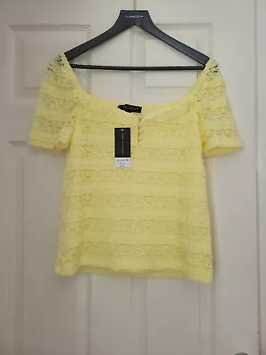 Dorothy Perkins Lace Square Neck Top Blouse In Lemon Yellow Size UK 14 RRP £20 • £6.99