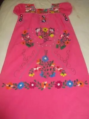 VINTAGE Mexican PINK Ethnic Hand Embroidered Floral Design Mexican Fiesta Dress • $34.90