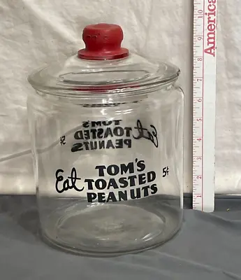 Vintage EAT TOM'S TOASTED PEANUTS 5c Glass Counter Top JAR Red Top • $89.99