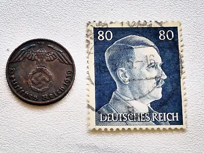 £9.99 • Buy Third Reich Ww2 German Original Coin And Hitler Stamp Set Memorabilia 1939 /38