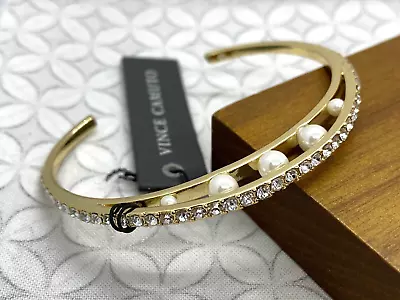 Vince Camuto Gold Tone Clear Crystal Faux Pearl Cuff Bracelet • $13