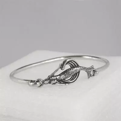 Mermaid On Wave Cuff Bracelet Solid 0.925 Sterling Silver Made In USA • $131.99