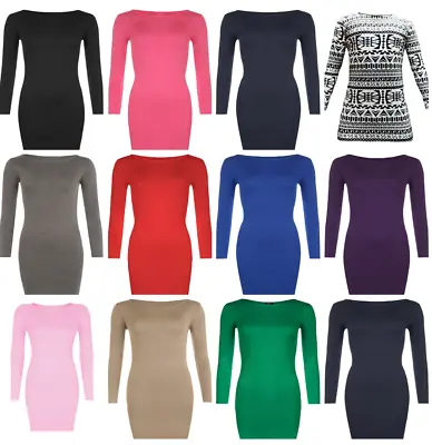 Womens Ladies Long Sleeve Stretch Plain Scoop Neck T Shirt Top Assorted 8-26 • £7.59