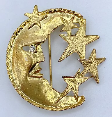 E7-1998 Vintage Brooch Gold Tone Pin 2  Rhinestone Moon Stars • $4.99