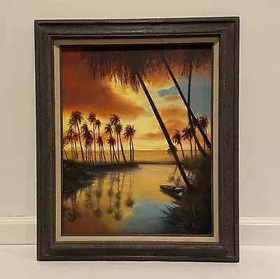 Vintage 70s Oil Painting On Canvas Florida Beach Sunset Signed Framed 21” X 25” • $209