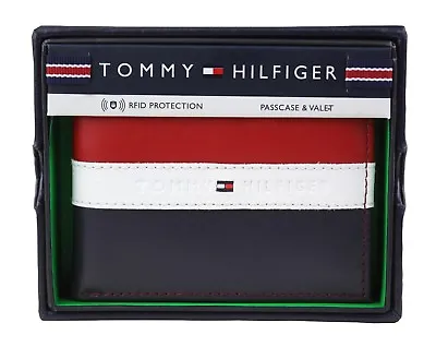 Tommy Hilfiger Men's Leather Wallet Passcase Billfold Rfid Red Navy 31TL220053 • $27.29