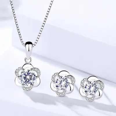 925 Sterling Silver Crystal Swirl Necklace Stud Earrings Womens Girls Jewellery • £3.97