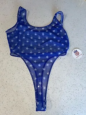 Malibustrings Sheer Sexy Ultra High Legged See Through Thong Swimsuit Blue Stars • $99.80