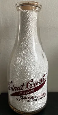 Vintage WALNUT CREST FARM Clinton F. Rines Pyro Quart Milk Bottle West Brook ME • $14.49