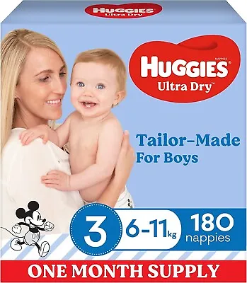 $85 • Buy Huggies Ultra Dry Nappies Boys Size 3 (6-11kg) One Month Supply 180 Count
