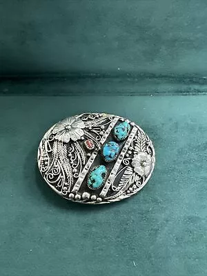 Vintage Silver Toned Belt Buckle Genuine Coral And Turquoise • $29.99