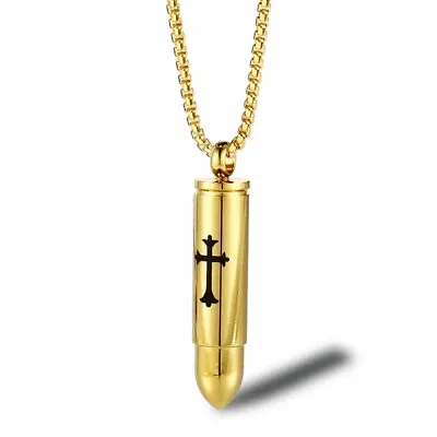 Retro Lord's Prayer Bullet Pendant Necklace Mens Cross Ashes Urn Stainless Steel • $12.99
