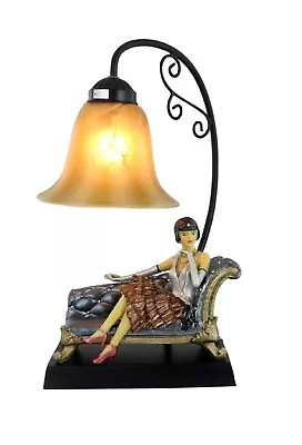 42cm Art Deco/nouveau Table Lamp Lady Figurine On Chaise Glass Shade Free Bulb • £89.50