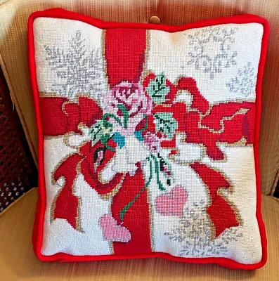 $15 • Buy Christmas Needlepoint Throw Pillow Ribbons & Bells Red Velvet Back 12”x12 