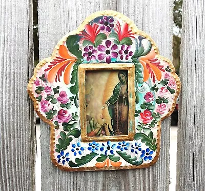 Virgin Of Guadalupe Art Print In Mexican Tin Frame Hand Painted Folk Art Nicho • $55