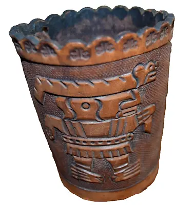 Leather/Wood 4’’ Tall Dice Shaker Pencil Cup Engraved Aztec Print Laced Vintage • $22